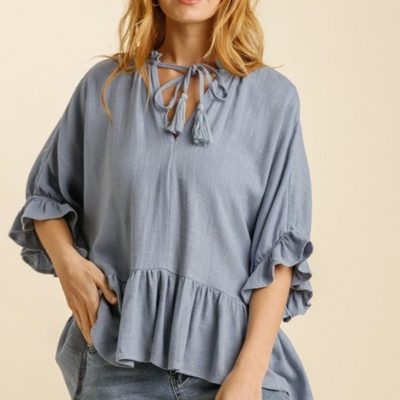 Umgee Tops - UMGEE Periwinkle Linen Blend Top with Tassel Tie